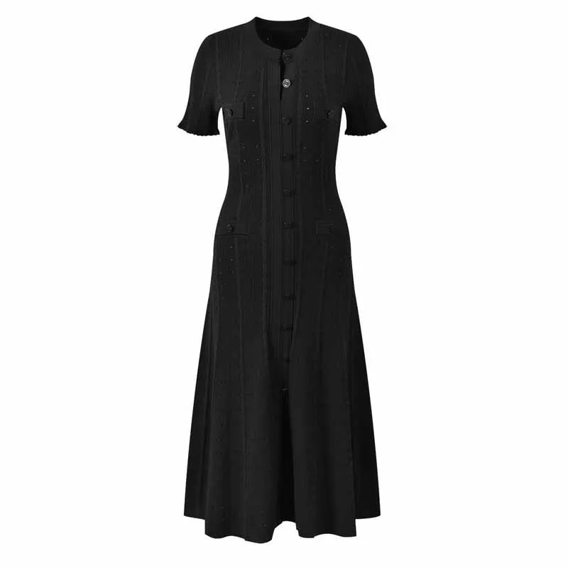 Summer Solid Round Neck Short Sleeved Office Lady Knitted Dress Women Korean Single Breasted Hollow Out Long Dress Fashion Trend