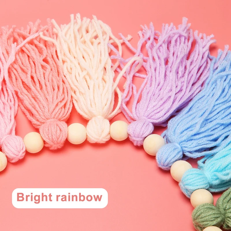 37Inch Pastel Rainbow Tassel Garland With Wood Bead Colorful Tapestry For Bedroom Wall Classroom Nursery Party Decor