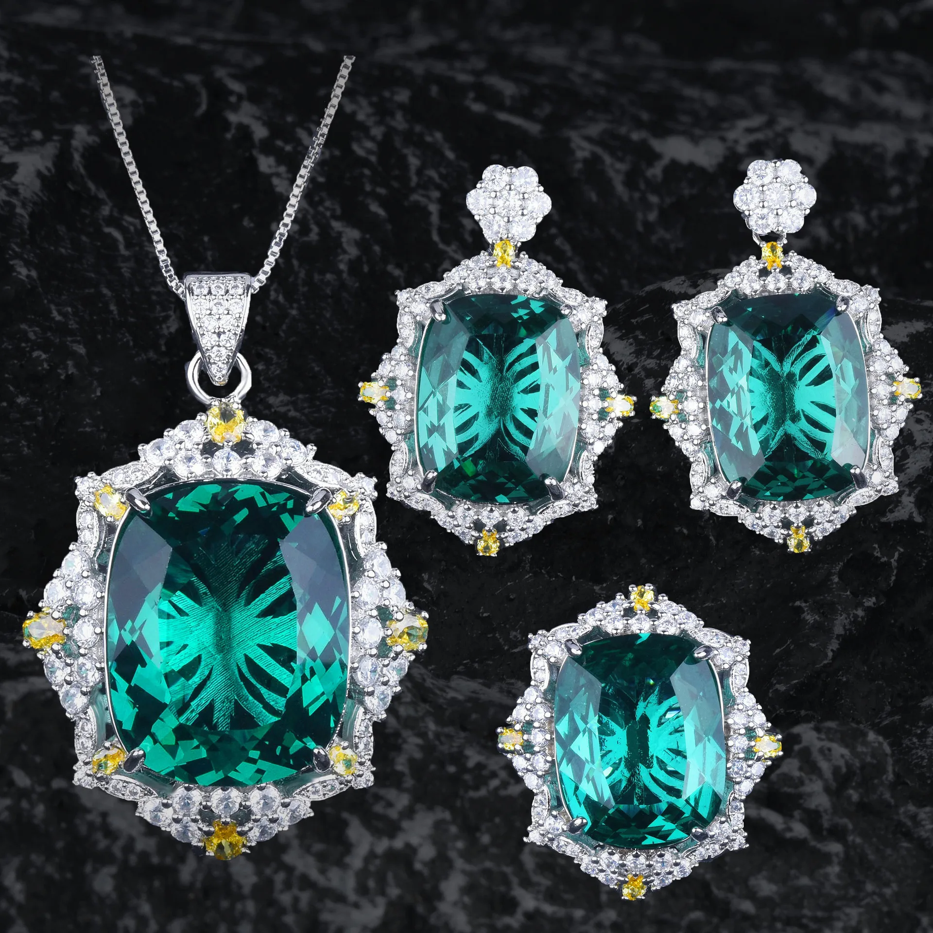 

Elegant Shiny CZ Square Green Stone White CZ Silver Color Jewelry Sets Pendant Necklaces Earrings Bride Marriage Rings Set