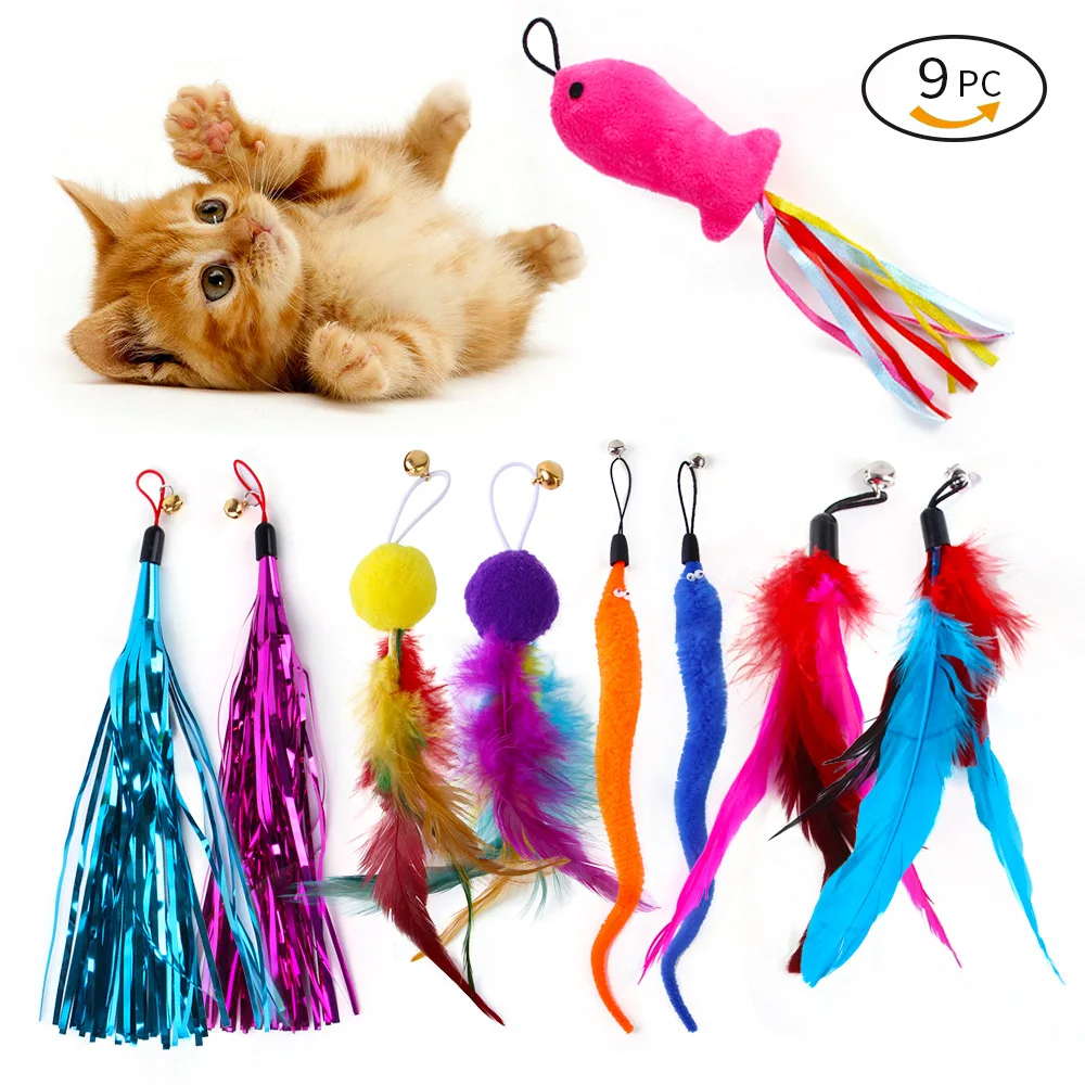 9 Pack Colorful Feather Replacement Head Funny Cat Stick Tassel Feather Feather Fishing Rod Cat Toy Set Cat Toys Interactive