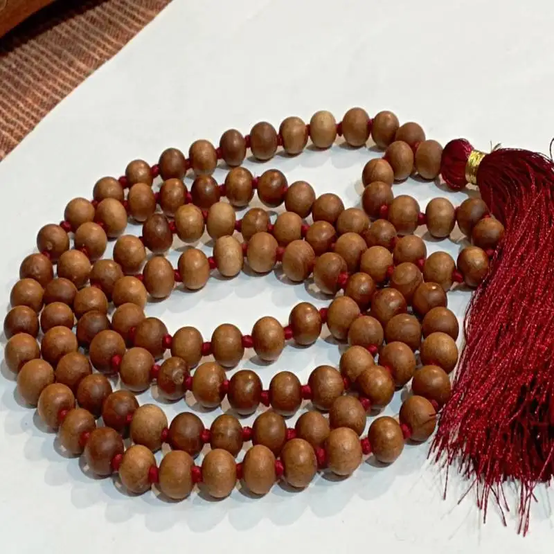 

Natural Sandalwood 108 Beads Mala Necklace with Red Knot & Red Tassel Healing Wood Jewelry
