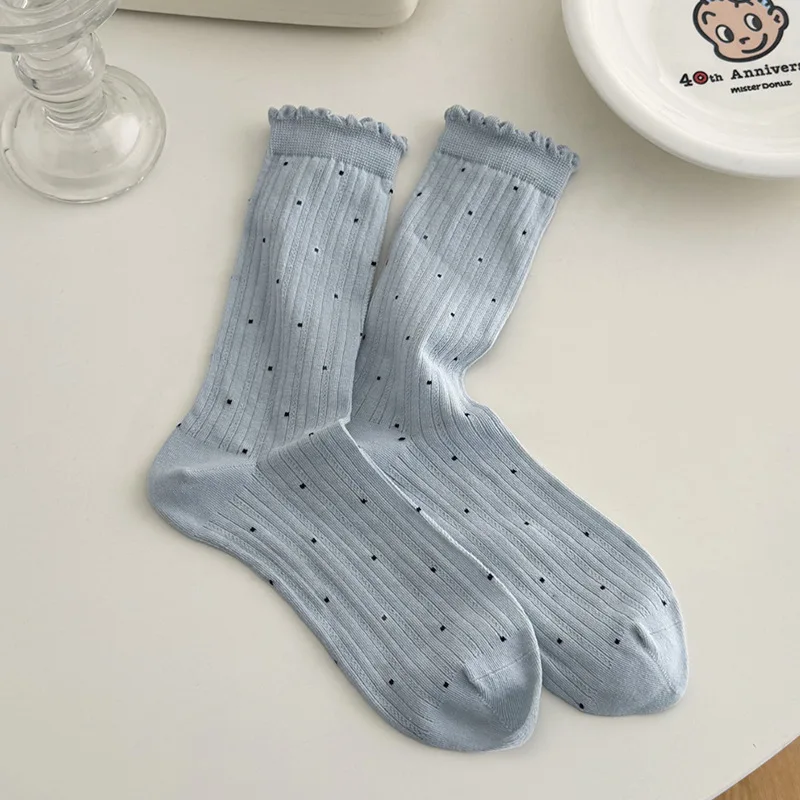 7 paires de chaussettes Coquette mi-mollet pour femmes, ensemble de chaussettes hautes amples à pois, à la mode, en coton, avec une volants, de haute qualité, automne