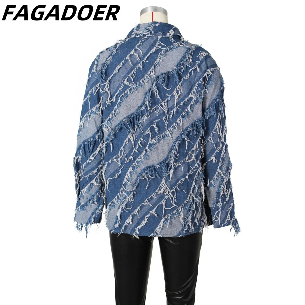 FAGADOER Fashion Street Style Women Tassel Button Long Sleeve Denim Shirts Autumn Casual Female Loose Cowboy Jacket Tops 2023