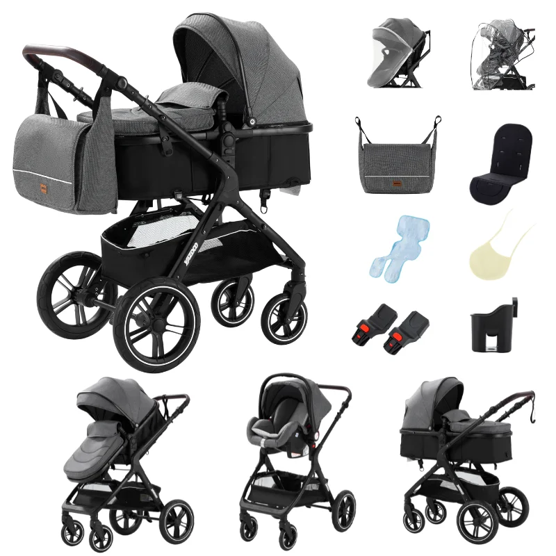 3-in-1 Canne kinderwagen, universele adapters, opvouwbare kinderwagen tot 25 kg, 4-wielige schokdemping, ruime reiswieg & grote wielen