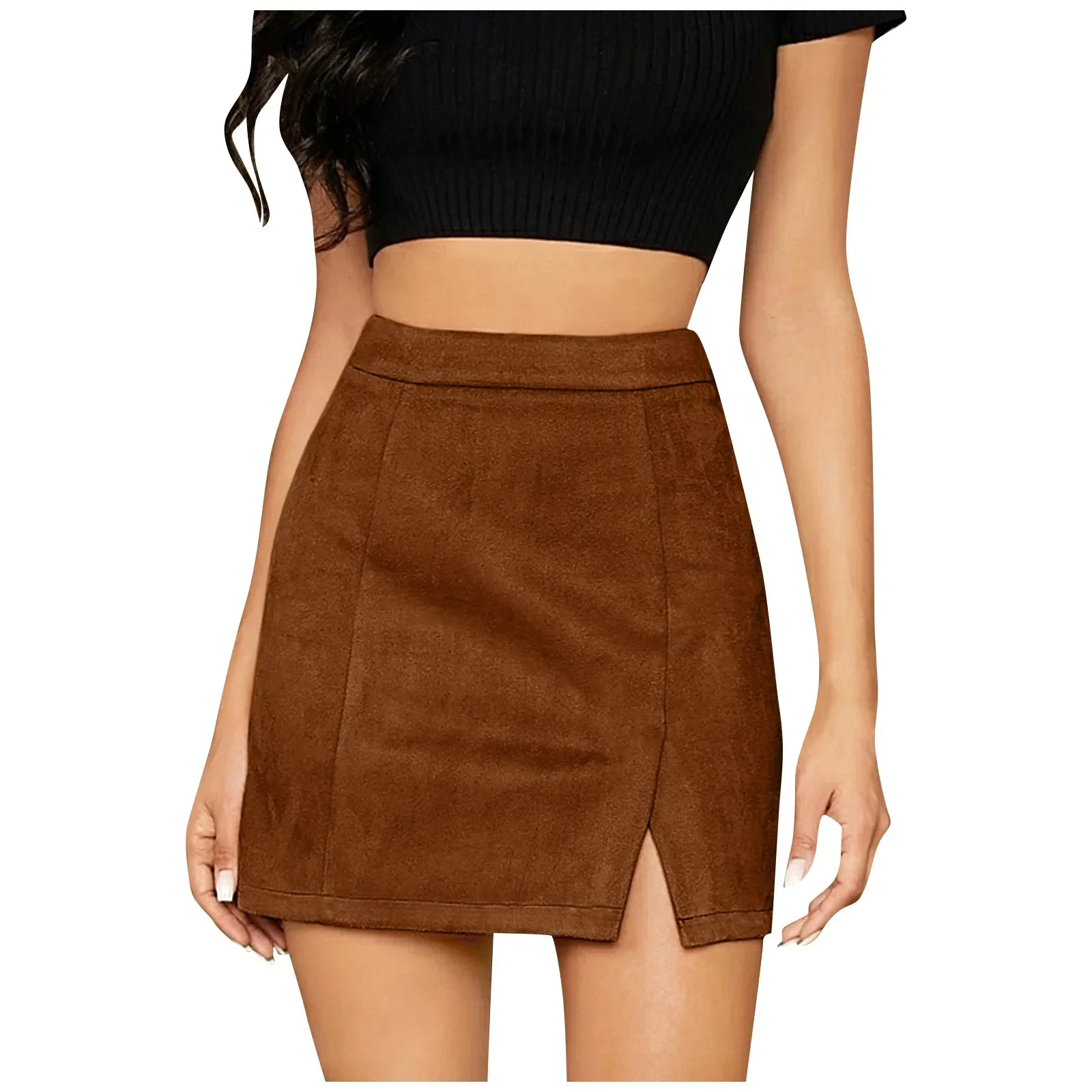 Women Sexy Slim Fit Suede Covered Buttocks Short Skirt With High Waist Girls Fashion Daily Solid Color A-Line Zipper Midi Skirt