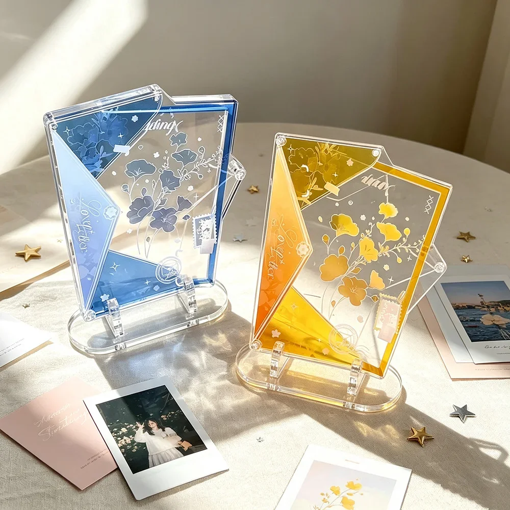 2Pcs Acrylic Photo Frame with Base Ginkgo Floral Print 3inch Kpop Idol Card Postcard Display Stand Table Decor