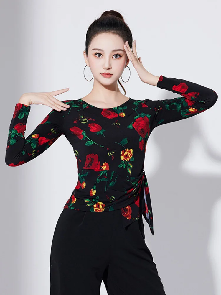 Slim Fit Latin Dance Evening Women Tops Jazz Round Neck 2024 Summer Woman Flowers Competition Line Costume Modern Female T-shirt