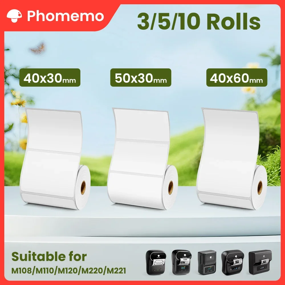 Phomemo 3/5/10 Rolls Thermal Label M108/M110/M221/M220/M120/M200 White Thermal Paper 40x30mm Sticker Label for Home Schllo