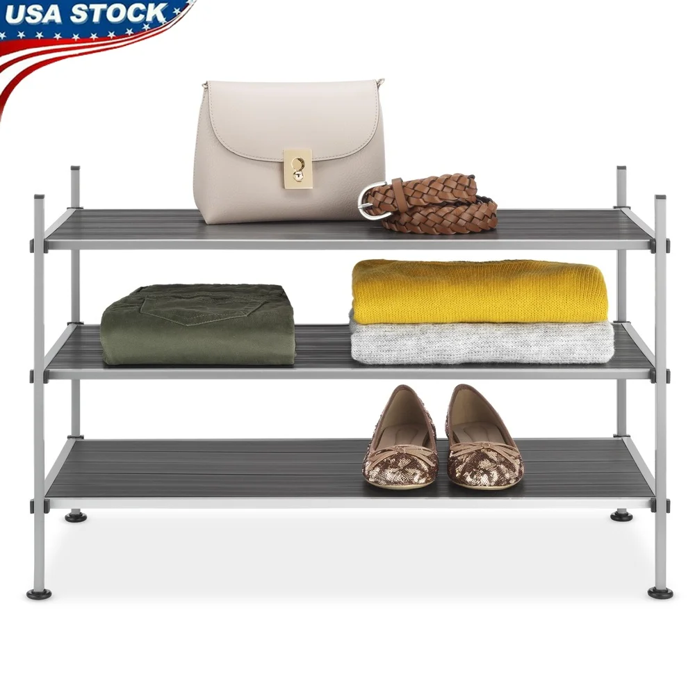 

3-Tier Shoe Rack Storage Organizer Metal Frame Wood-like Slats Easy Assembly Durable Home Organizer Shoes Accessories Books