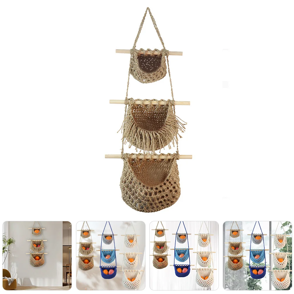 

3-Tier Hanging Fruit Vegetable Basket Woven Storage Organizer Kitchen Space Saver Hanging Fruit Basket Kitchen Baskets