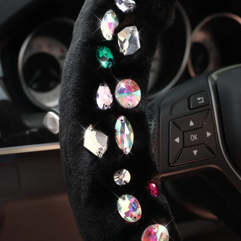 Luxury Crystal Rose Flower Car Steering Wheel Covers Hand Sewing Rhinestone Soft Plush Steering-Wheel Cover Car Decoration