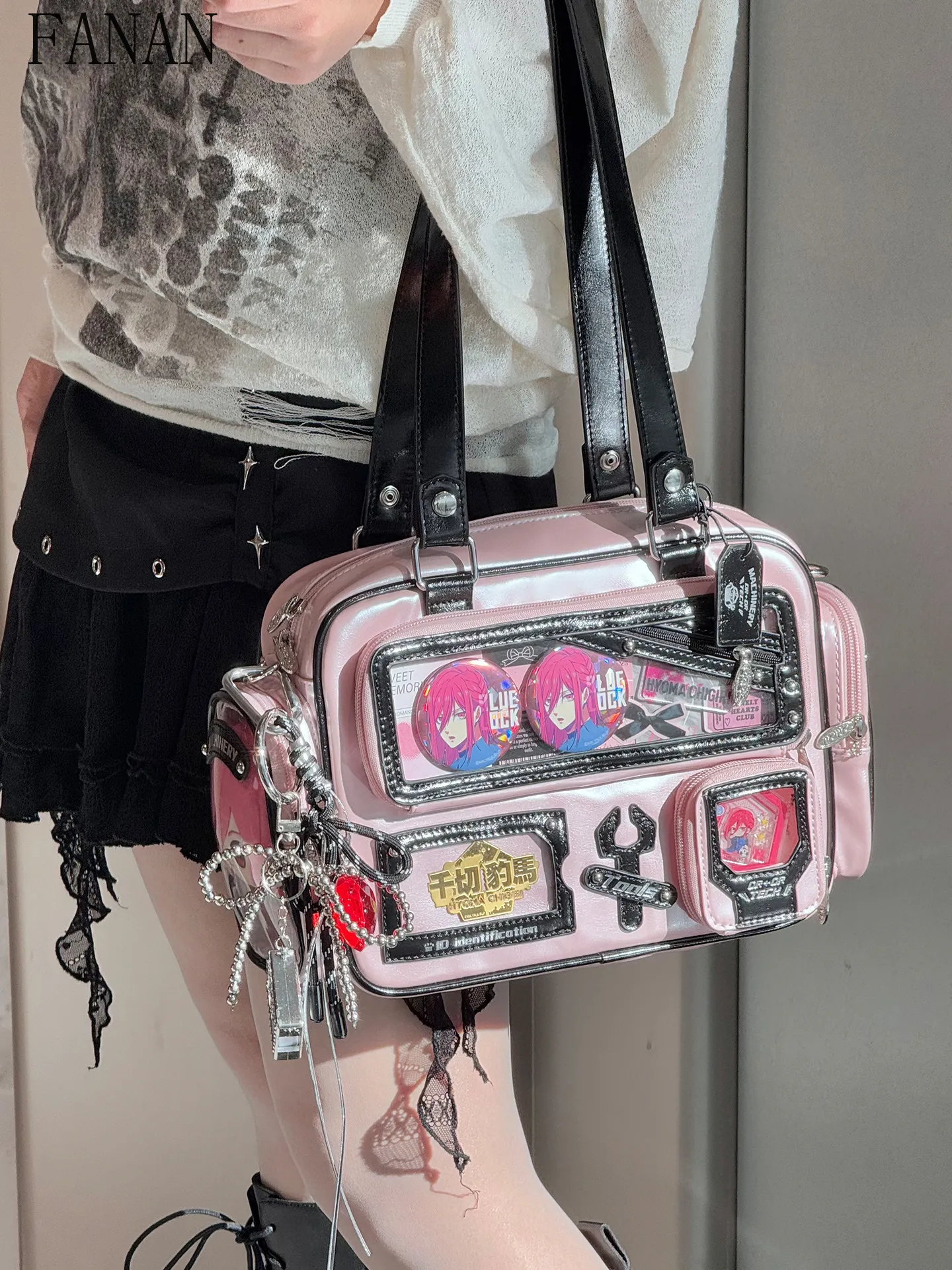 Y2K Punk Style Multi-Layer Girls Casual Handbags Transparent Pocket Crossbody Bag Volume Shoulder Crossbody Bag for Women