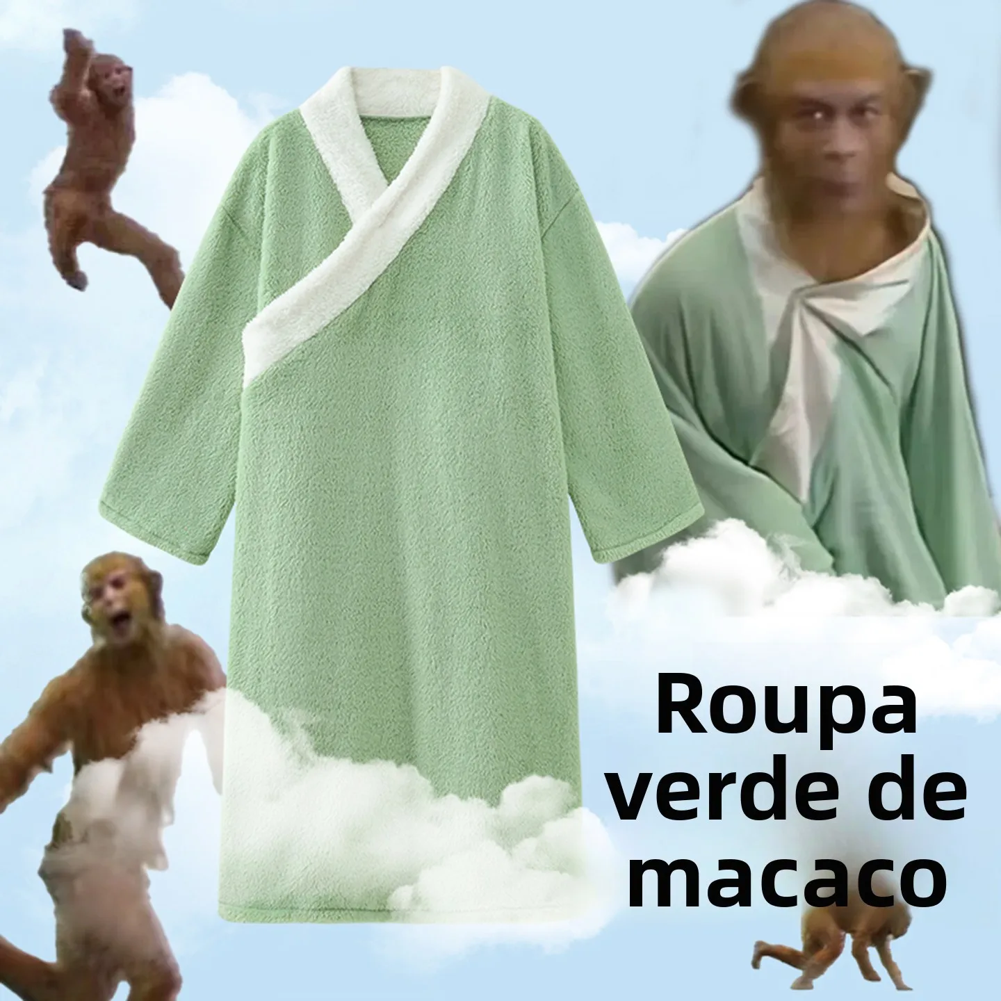 green-fluffy-padded-sleepwear-monkey-king-robe-coral-fleece-home-clothes-outerwear-autumn-winter-long-coat-for-men-and-women