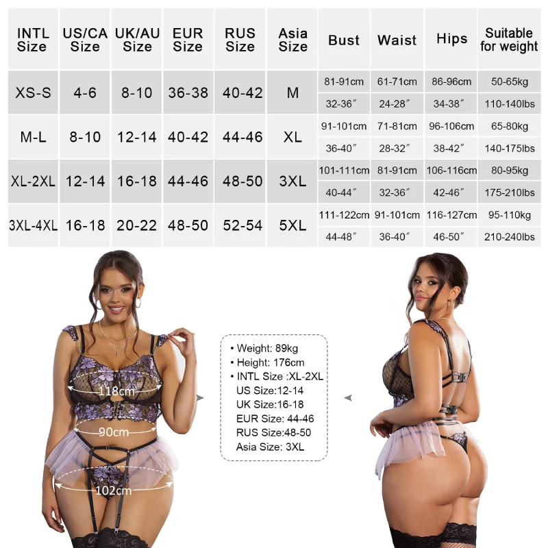 Comeondear Fashion New Ultra-thin Lingerie Panties Set Plus Size Suspender Belt Bra Briefs Lady Sexy Embroidered Mesh Underwear