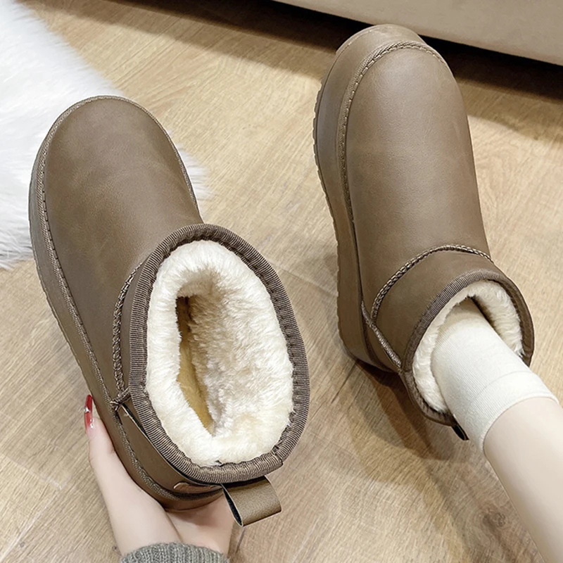 Waterproof Plush Lined Solid Women\'s Boots 2024 Winter Warm Slip On Snow Boots Thick Platform Casual Fluffy Botas