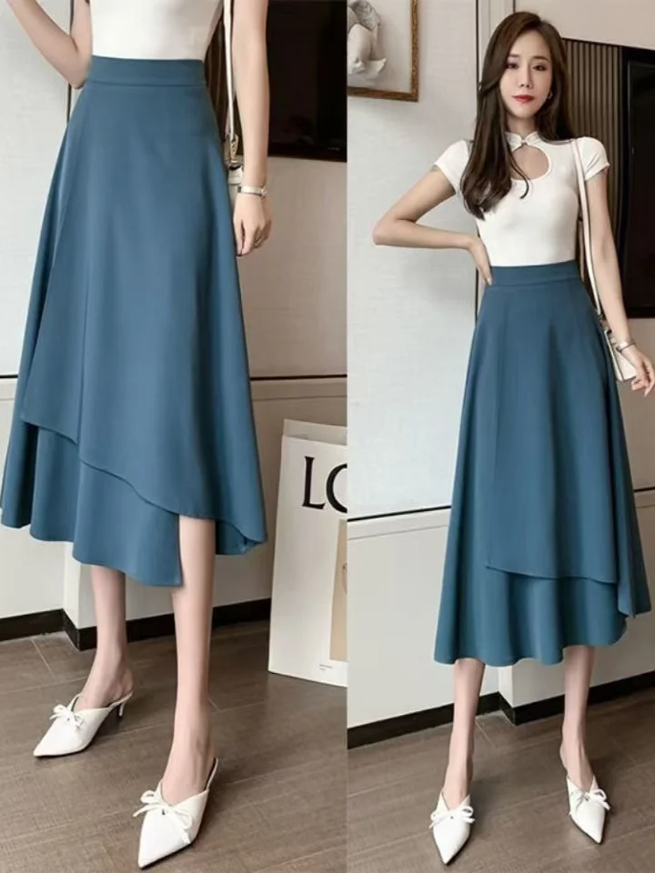 

Spring Summer Casual High Waist A-Line Skirt Women's plus Size Fashionable Uneven Length Slimming Meat Covering Personality