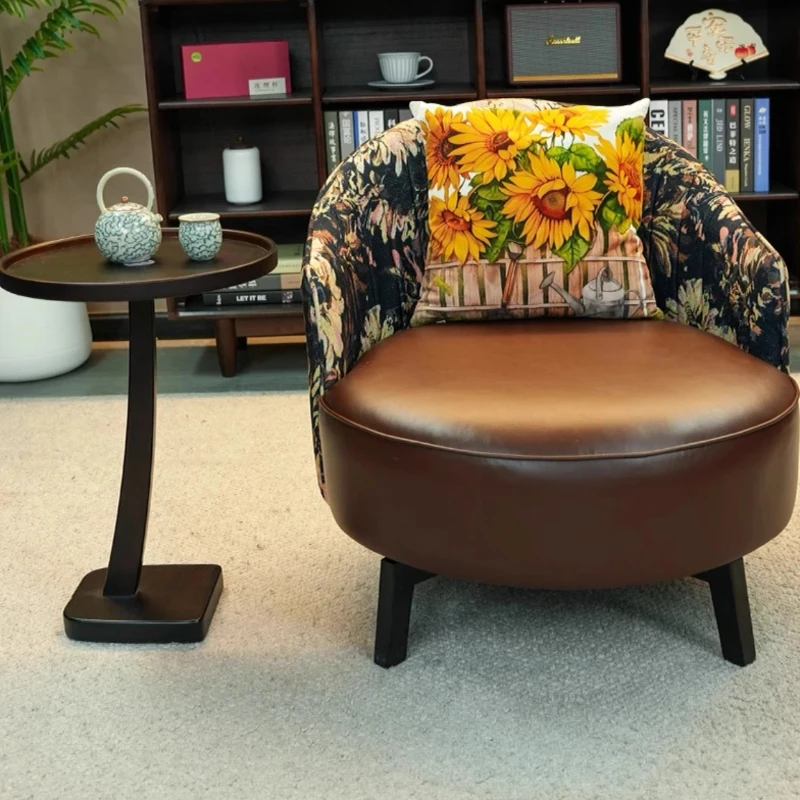 

Flowering Large Surrounded Back Chair Single Rotating Sofa Chair Slack Living Room Balcony Home Retro Light Luxury Leather