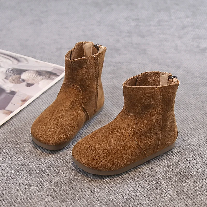 

Children Retro Girls Leather Boots Simple Autumn Causal Moccasins Toddlers Soft Fashion Ankle Boots Back Zipper Kids Short Boots
