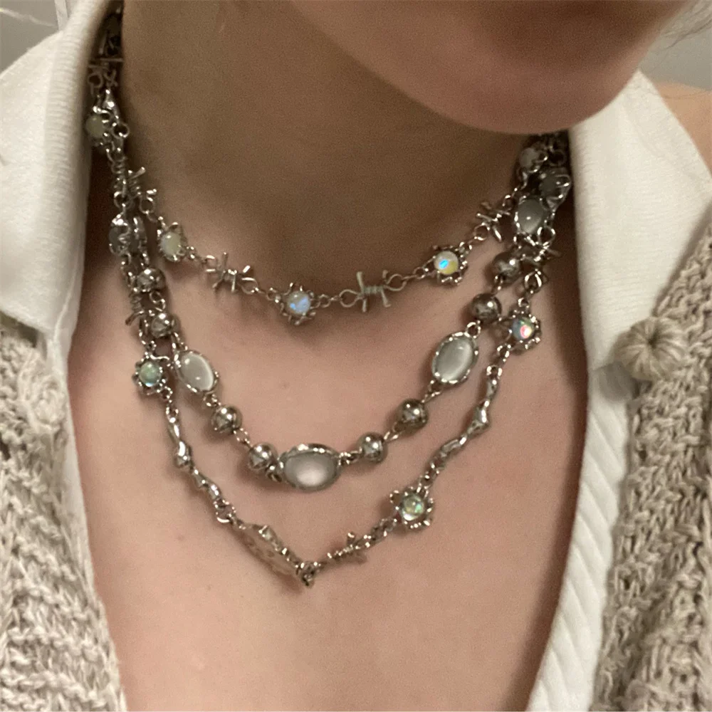 Crystal Opal Pendant Liquid Metal Necklace for Women Clavicle Chain Geometric Irregular Vintage Choker Y2K Jewelry Accessories
