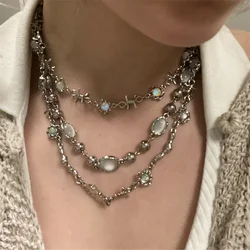 Crystal Opal Pendant Liquid Metal Necklace for Women Clavicle Chain Geometric Irregular Vintage Choker Y2K Jewelry Accessories