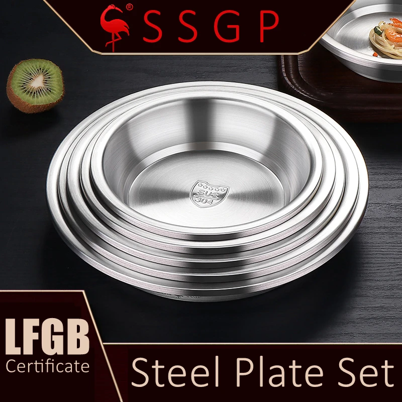 6 Pcs LFGB Certificate 304 Stainless Steel Plate Set 18cm-28cm Family Dinner Dish Durable Tableware Cutlery for Salad Barbecue