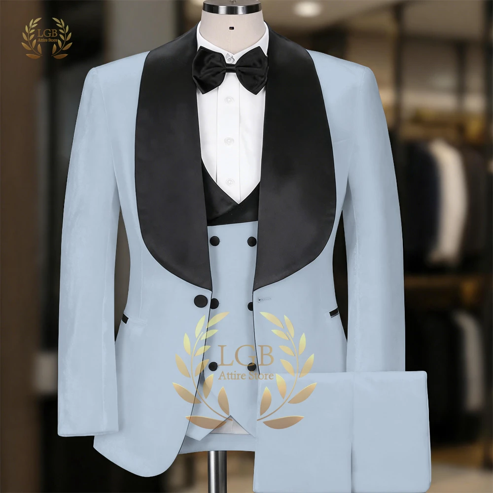 Men's Velvet Blazer Suit 3 Pieces Violet Jacket+Vest+Pants Contrast Black Shawl Collar Slim Fit Wedding Party Host Stage Suits