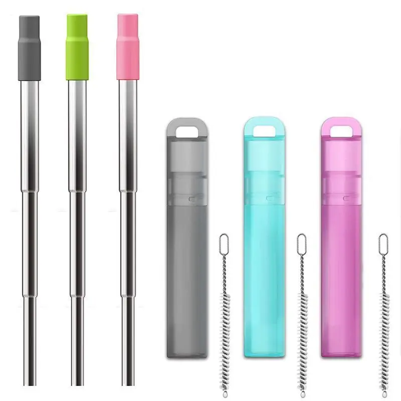 New Stainless Steel Telescopic Straw Creative 304 Stainless Steel Milk Tea Metal Folding Straw Set with Case Cleaning Brush