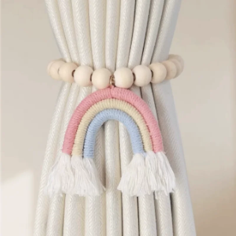 French Tassel Magnetic Curtain Holdbacks, Hand-Woven Three-Color Rainbow Cotton Linen Straps, No Drilling Log Decor Curtain Bind