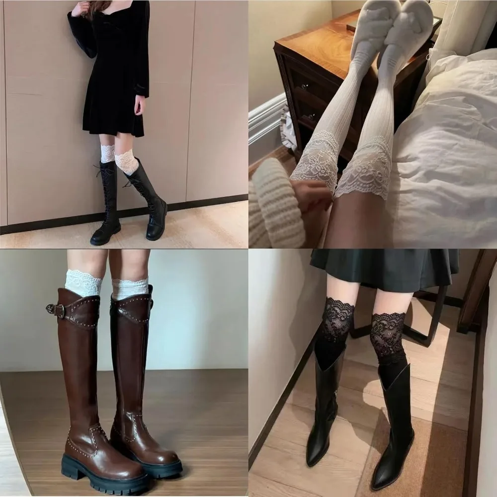 Bota meias renda superior guarnição feminina sexy joelho alta renda manguito botas longas meia de algodão jk lolita