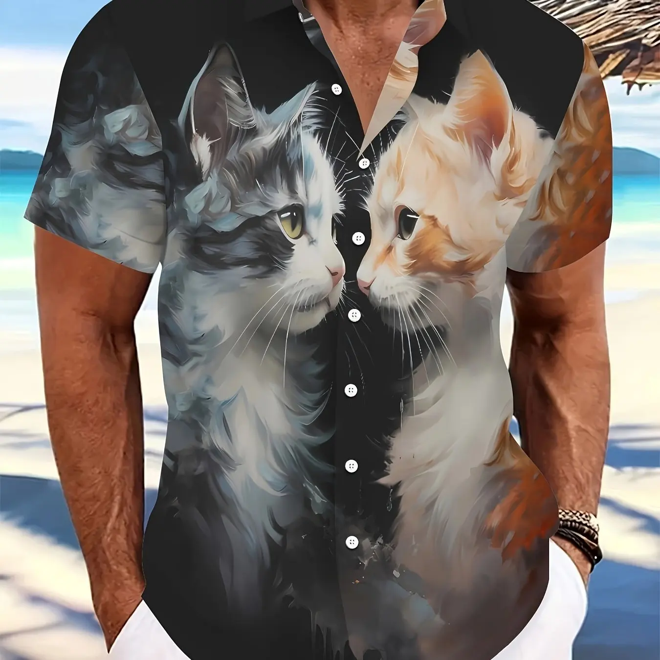 Camisa de lapela manga curta masculina com estampa para gato 3D, camisa casual de botões, roupa diária de verão e tops de resort