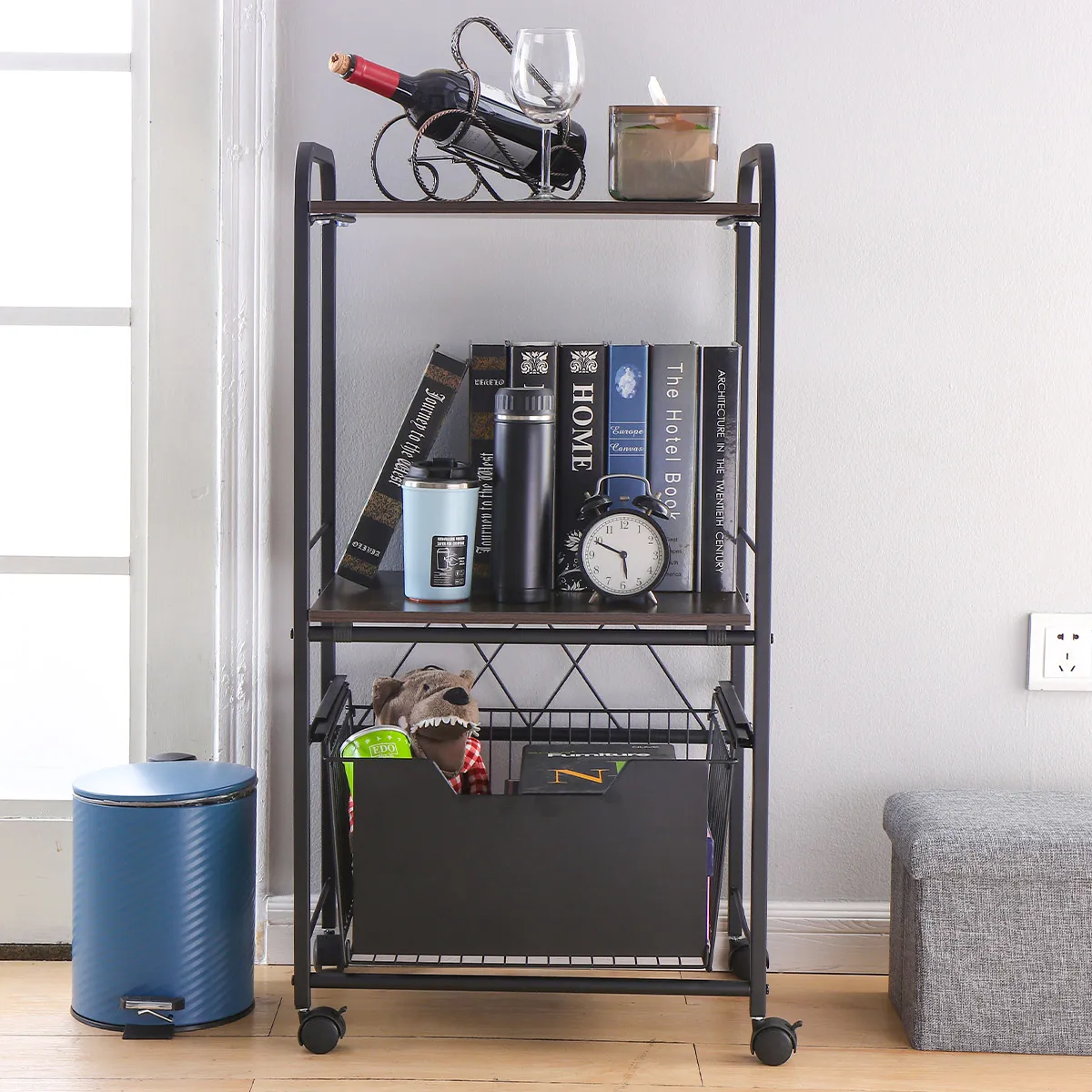 3‑Tier Storage Cart Metal Trolley With Basket & Wheels,Microwave oven rack, Mobile Storage Rack For Home Kitchen Organizer