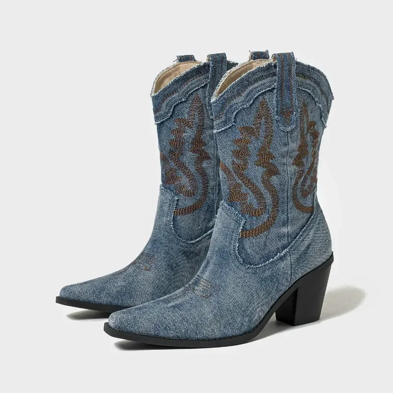 Botas Vaqueras Occidentales para Mujer, Botas Clásicas Bordadas a Media Pantorrilla, Botas Retro de Tacón Alto y Punta Puntiaguda para Mujer, Botas de Lona para Jeans, Botas Mujer