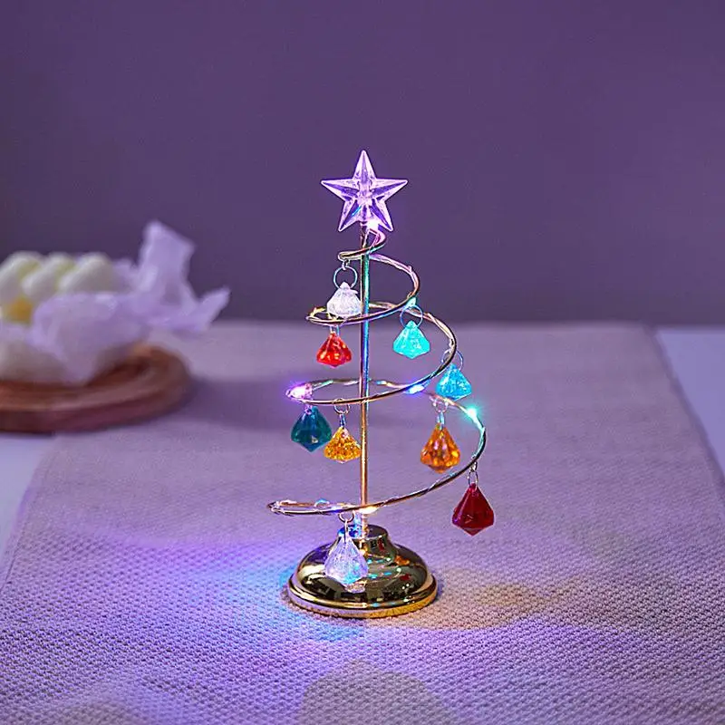 Tabletop Crystal Lighted Christmas Tree Rotating Glitter Christmas Tree Desk Ornament Electroplating Iron Art Desk Ornament