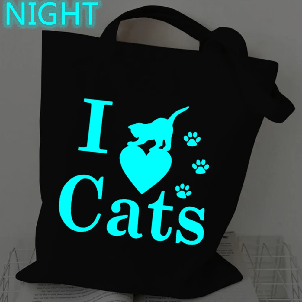 I Like Cats More Than I Like People Print Canvas Bag Women Shopper Handbags Reusable Shoulder Bag Cats Lovers Luminous Hand Bag