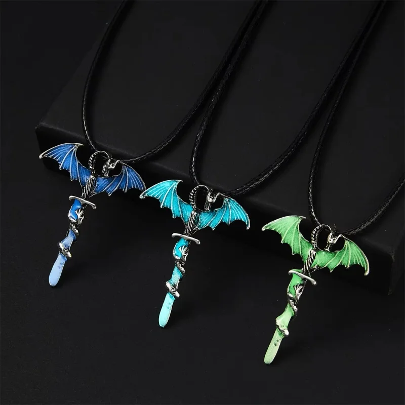 3-piece Gothic dragon sword necklace set, imitation enamel pterosaur luminous pendant, black wax rope chain, punk jewelry