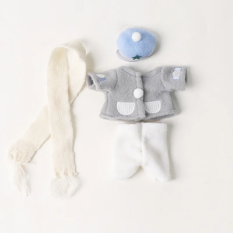 Winter Warm Doll Clothes Set Grey Coat Knit Scarf Hat Pants Cute Cold Weather Outfit For Small Plush Bear Doll Dress Up Costume