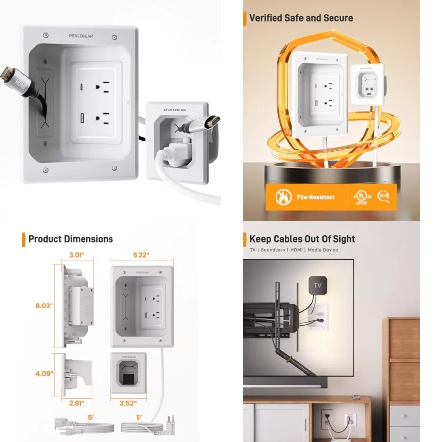 

TV in-Wall Cable Management Kit, USB and Typ C Ports Cord Hider for Wall Mount TV with Recessed Power, Includes Drill Templates