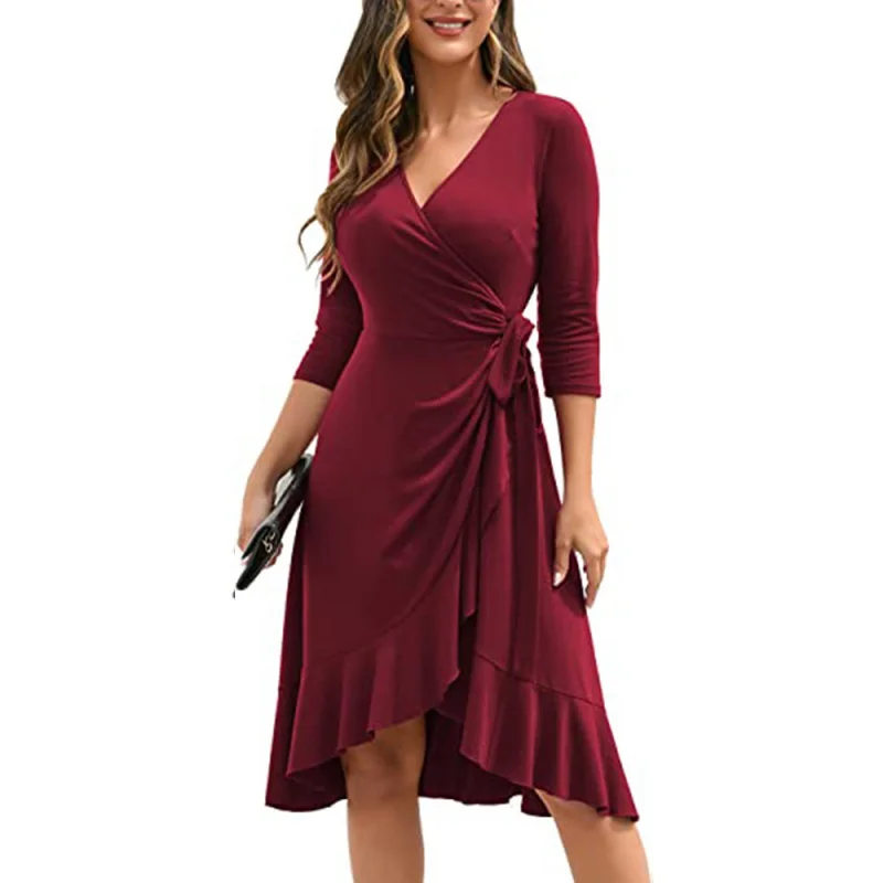 New Women's Deep V Collar 3/4 Sleeve Pleated Casual Cocktail Party Work Dress