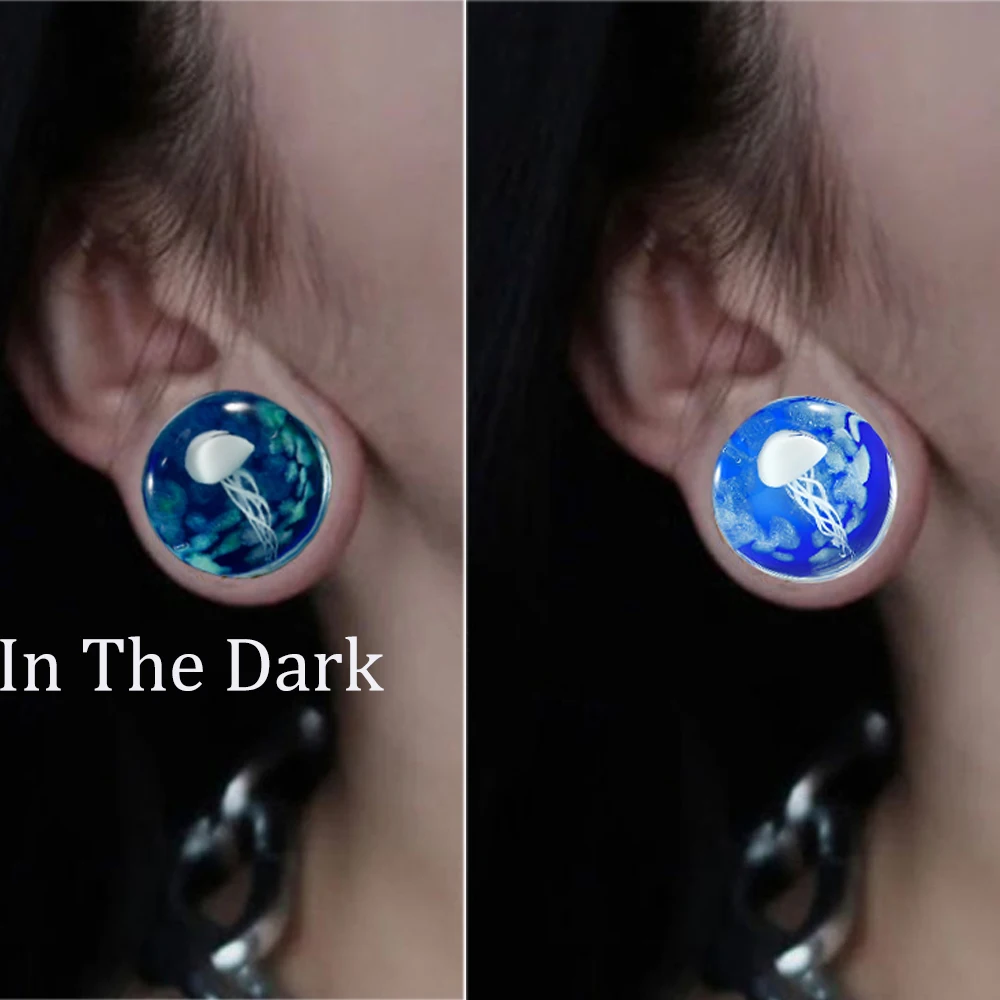 1/2PCS Blue Transparent Round Glass Luminous Jellyfish Ear Gauges Tunnels Plugs Expansion Strengthing Saddle Piercing Earrings