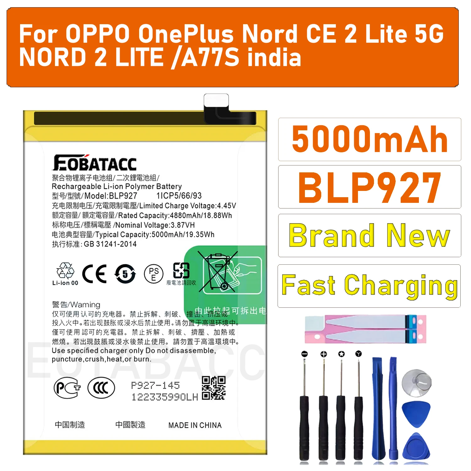 

2025 Years 100% High Quality Replacement BLP927 Battery for OnePlus Nord CE 2 Lite 5G/NORD 2 LITE /A77S Mobile Phone Batteries