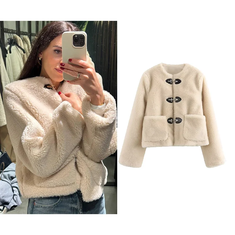 

Women Fleece Jacket Spring Casual O Neck Long Sleeve Pocket Simple Women's Solid Coat Streetwear Female Chic Tops