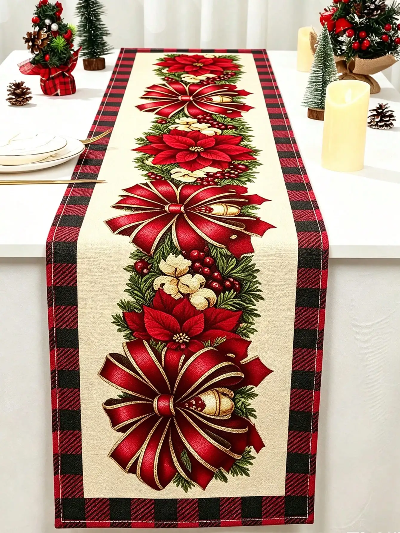 1pc Christmas Table Runner, Christmas Red Flower Bow Pattern Tablecloth, Christmas Party Supplies, Merry Christmas Tablecloth, Christmas Table Centerpiece Decoration, Christmas Eve Decoration Tablecloth, Christmas Decorations Gifts, Party Gifts,