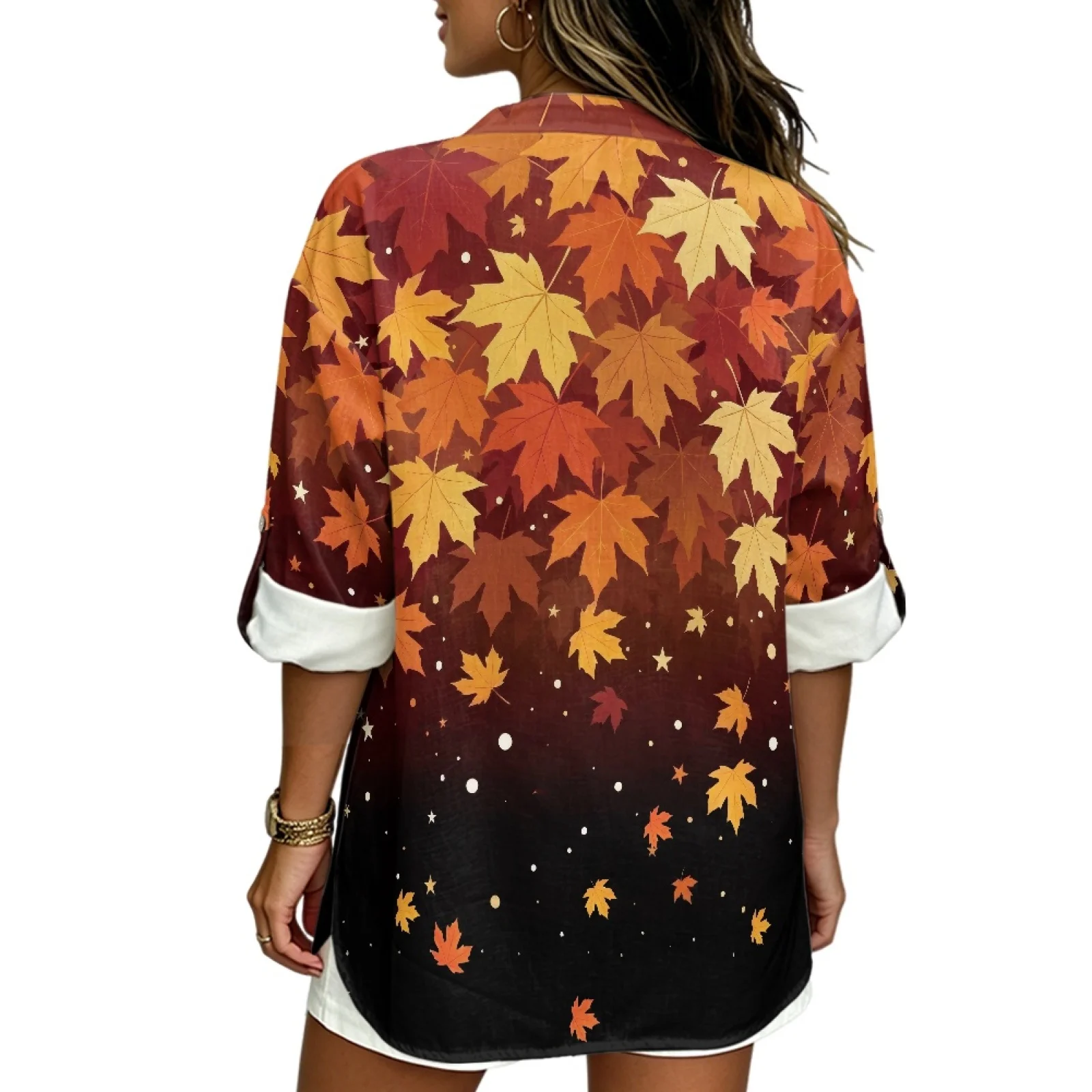 PENSTROLL Autumn Maple Leaf Roll Up Sleeve Women's Long Sleeve Tops for Womens Linen Like Casual Blouses Blouses