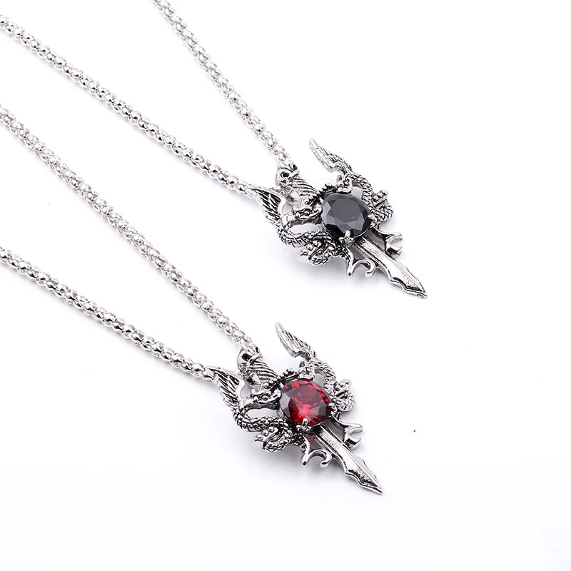 Double Dragon Black Gem Cross Necklace Punk Personalized Pendant Jewelry Accessory for Women Men Trendy Gifts view 2