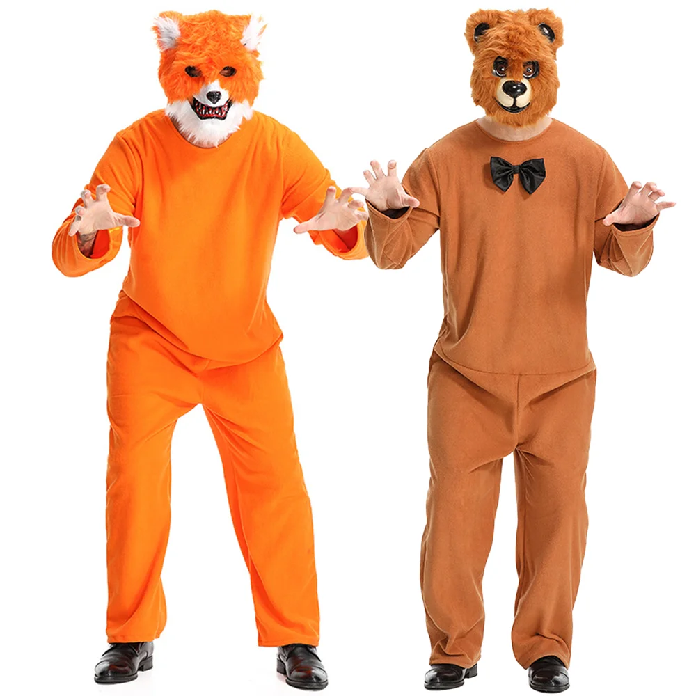 Cunning Mr. Fox and Mr. Smiling Bear Jumpsuit for Men Halloween Cosplay Costume Brown Bear Doll Pajama Stage Story Show Dress Up