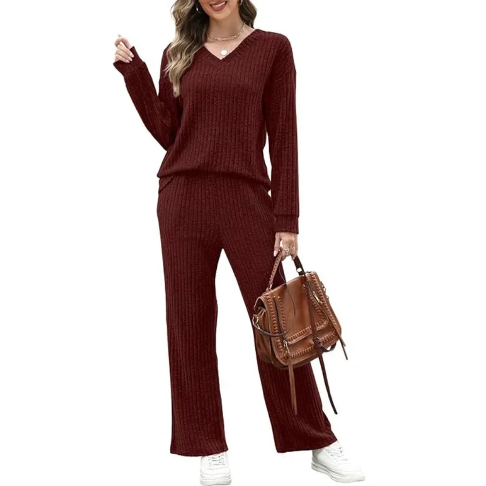 Women V-Neck Drop Shoulder Long Sleeve Top Pants Set Oversized Loose Fit Soft Breathable Stretchy Flattering Comfy Casual New