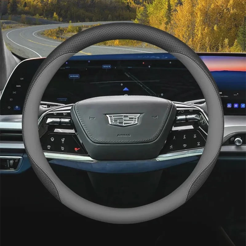 New For Cadillac Car Steering Wheel Cover Leather Sport Style Non‑Slip Breathable 37‑38Cm All Seasons Auto Interior Accessories