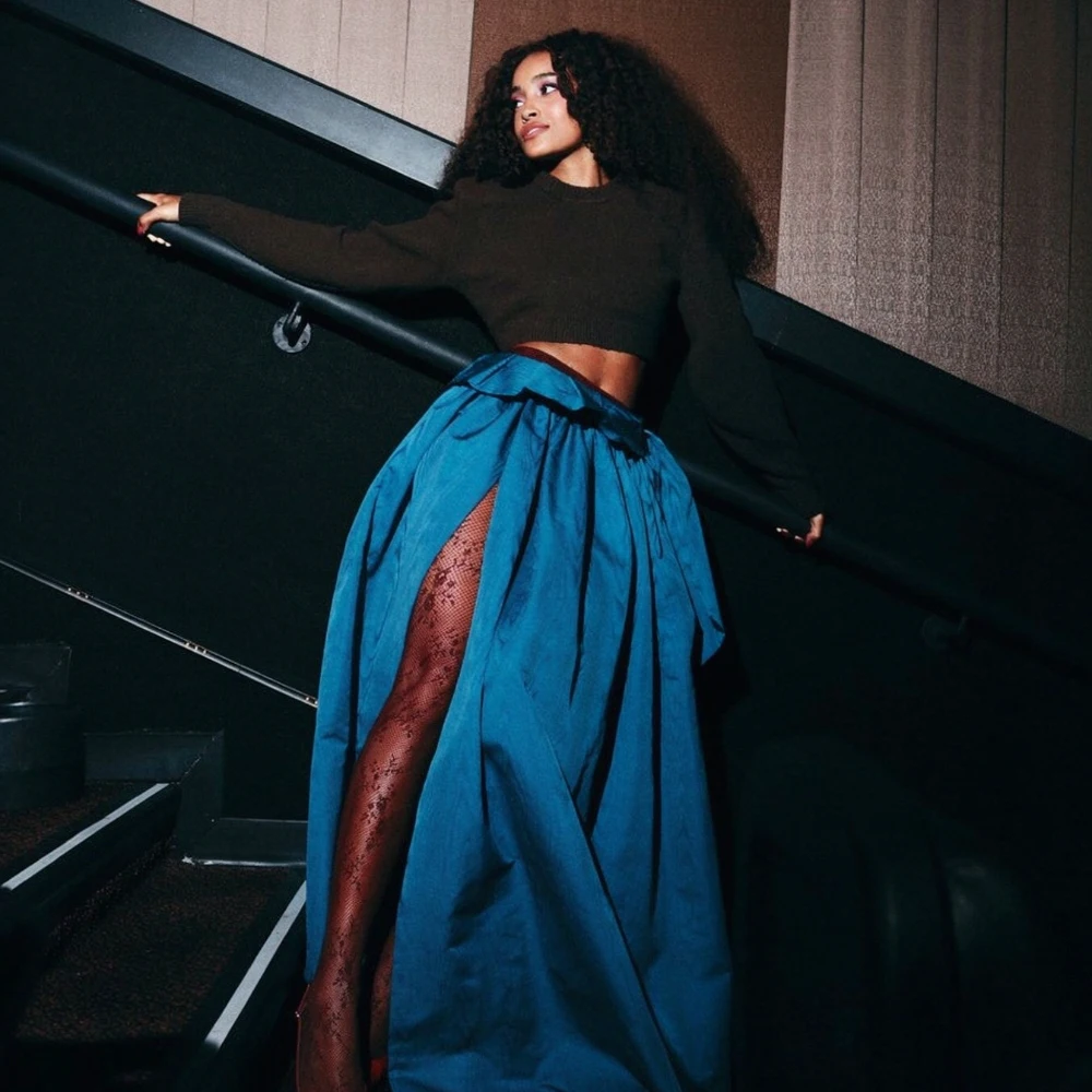 Teal Satin Ruffled High Waist Skirt Women's Long A-Line Pleated Slit Skirt, Elegant Party Formal Evening Gown Bottom Custom Made