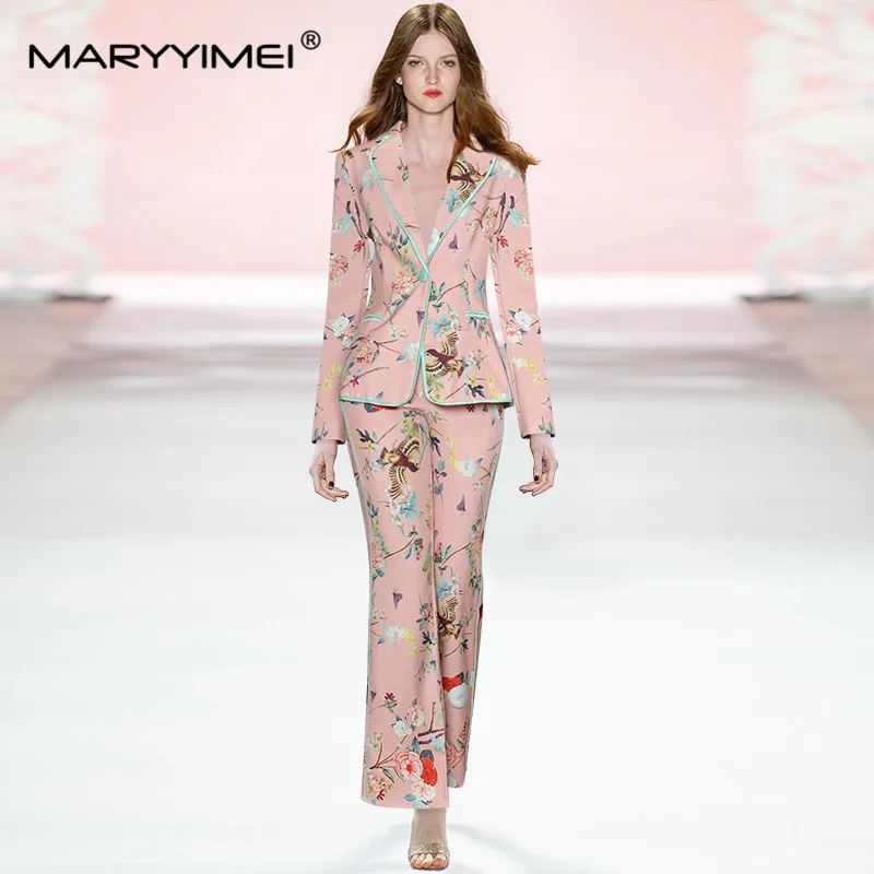 MARYYIMEI Fashion Runway Spring Pants suit Women Single button Long sleeve Flower print Jacket and pants Two Pieces Set