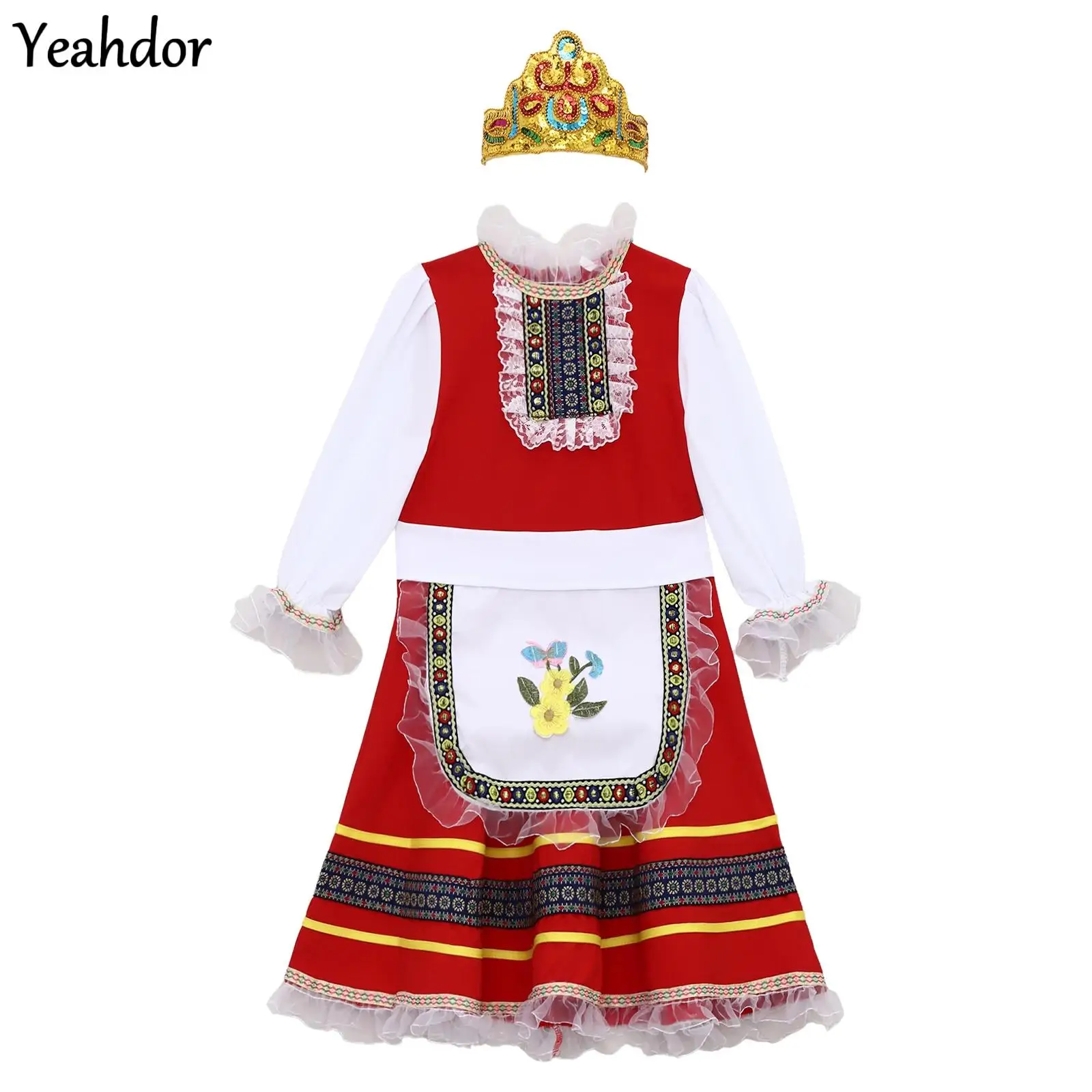 

Russian Dance Girls Costumes Embroidery Long Sleeved Red Folk Fancy Dress with Sequins Beads Hair Band And Mini Waist Apron